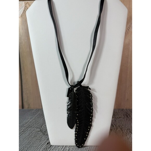 NWT Coach Black Metal and Leather Strap Feather Necklace 28" - Picture 10 of 15